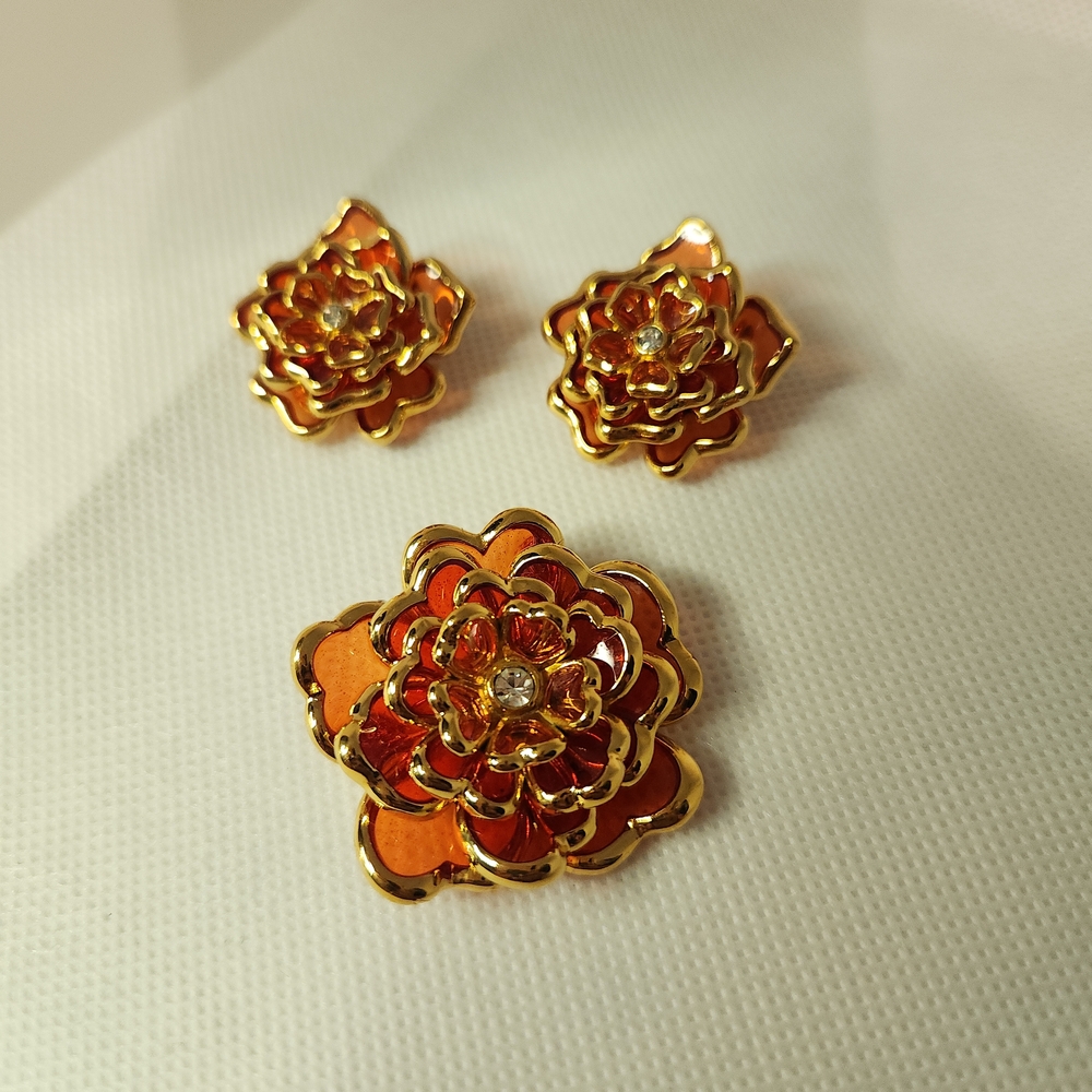 Gold-Tone Orange Floral Statement Brooch and Earrings Set